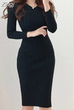 Long Sleeve Knitted Dresses for Women Party Robe Female Autumn 2023 Retro V-neck Bodycon Dress Korean Slim Waist
