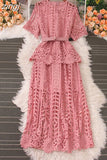 Vintage Women Hollow Out Lace Ruffle Long Dress Elegant Round Neck Short Sleeve High Waist Slim Maxi Party Vestidos
