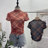 Real Shooting Sweet Cool Hottie Slim Slimming Vintage Lattice Short-Sleeved T-Shirt Small Neck Folding Thin Top