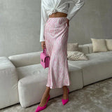 Pink Printed Satin Midi Straight Skirt- Outfit