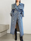 Zingj Autumn / Winter New Fashion Trend With Waist Coat Lapel Long Windbreaker Denim Coat