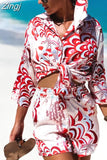 2pcs Beach Styles Satin Sets Women Fashion Scenery Pattern Button-down Shirts and Shorts 2023 New Summer Casual