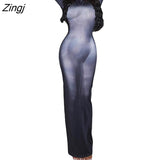 Women Long Sleeve Body Print Slim Fit Party Club Long Dress Fashion Spring Autumn Sexy Bodycon