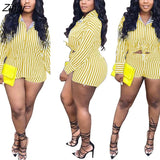 Fashion Sporting Women set Striped Print Button Shirt Top Skinny Shorts Suit Two Piece Set Elegant