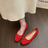 Retro Soft-Soled Single-Shoe Silver Women's Autumn Taut Evening Wind Bow Red Flat Shoes Ballet