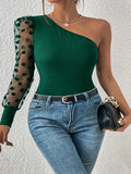 Zingj Women's 2024 New Inclined Shoulder Single Sleeve Wave Dot Mesh Splicing Long Sleeve Waist Show Thin Female Jacket