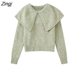 Women Fashion Big Turn Down Collar Design Solid Casual Knitted Sweater Female Chic Autumn Basic Leisure Coat Tops