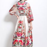 Retro Cross-Lace With Waist V-Neck Yarn Lantern Sleeves Thin Temperament Print