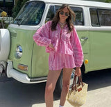 Women's INS Explosion Striped Striped Lantern Sleeve Shorts