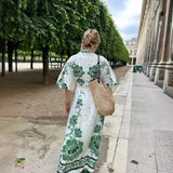 Women's Clothing Explosion Printing Loose Single Buckle V Collar Lantern Sleeve Holiday