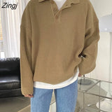 Solid Knit Pullovers Women Loose BF Simple Unisex Turn-down Collar Streetwear All-match Vintage Leisure Sweaters Chic