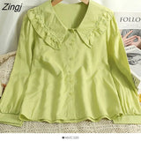 Lace Lapel White Shirt Cute Peter Pan Collar Green Blouses Women Vintage Elegant Office Long Sleeve Blusas Female