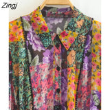 Women Vintage Cloth Patchwork Floral Print Chiffon Mini Shirt Dress Female Long Sleeve Pleat Ruffle Kimono Vestido