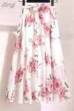floral print chiffon skirts women Sprint Summer korean A line Pink streetwear high waist ladies midi