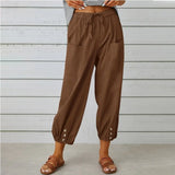 Loose High Waist Button Cotton And Linen Trousers Cropped