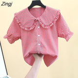 Sweet Plaid Shirt Women Kawaii Peter Pan Collar Lolita Blouse Japanese Preppy Style Puff Sleeve Top Blusas Mujer De