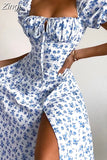 Vintage Summer Elegant Boho Floral Print Slit Maxi Dress Women French Romantic Puff Sleeves Urban Vacation Beach