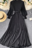 Women Pleated Long Dress Female Elegant Lantern Long Sleeve High Waist Red/Purple Draped Maxi Vestidos Spring Autumn