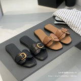 Metal Belt Buckle Flip-Flops Women Wear Square Belt Buckle Soft Bottom Beach Cold