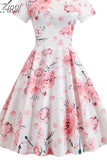 Floral Print Elegant A-line Party Dress Women Slim White Short Sleeve Swing Pin up Vintage Dresses Robe