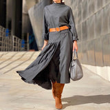 Zingj 2023 New Fashion Versatile Temperament Belt Closed Waist Pleated Dress-Outfit