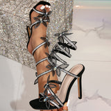 With A Snake-Shaped Winding Dew Water Drill Flashing Bow And High Heel Sexy Sandals Women's