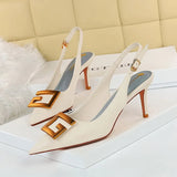 and American Fashion Women's Shoes Fine Heel High Heel Shallow Tip Hollow Metal Quartet Buckle Single