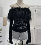 Shot Hair Collar Print Shoulder Horn Long-Sleeved T-Shirt Repair Short Picties Shoulder Grinding Top