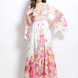 Style Dress Women 2025 Spring Dress Famous V Collar Horn Sleeves To Close The Waist Buckle Print Long