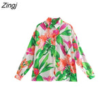 Women Fashion Tropical Leaves Floral Print Smock Blouse Office Lady Side Split Breasted Casual Blusas Chemise Tops