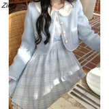 Vintage Blue Plaid Dress Women Lace Kawaii Elegant Party Mini Dress Female Bow Korean Style Sweet Strap Dress Autumn