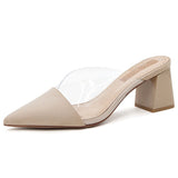 Spring And Summer Net Red Transparent Pointed Thick Heel High Heels Women In The Head Half Slippers Lazy