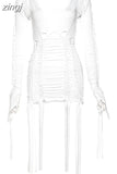 Solid Trend Hollow Two Piece Set Women Spring Full Sleeve Concise Top+Ribbons Hip Dresses Female Vacation Party