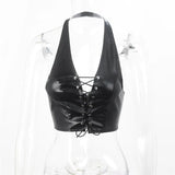 Zingj Ins Wind 2023 Summer Pop Neck Sexy Back Strap Short Lady PU Small