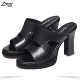 Size 34-40 High Heels Slippers Women Platform Shoes Summer 2023 Block Heel Leather Slides Ladies Office