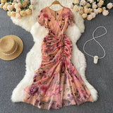Retro Niche Design Drawstring Print V-Neck Dress Summer Women's Pocketed Fishtail Skirt