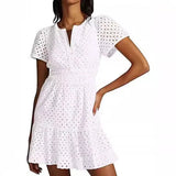 Women's V-Neck A-Shaped Hollow Lace Folded Short-Sleeved Mini