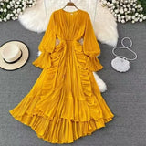 Fairy Seaside Holiday Chiffon Dress Female Lotus Lace V Collar Temperament Folded Waist Thin Swing