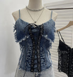 Real Shooting Do The Old Fur Side Of The Denim Splicing Pu Skin Lace Sling Vest Short Without Sleeve Top