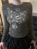 Retro Personality Hole-Breaking T-Shirt Girl 2025 Autumn Ins Print Collar Long-Sleeved