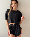 Women's Spring Summer Fashion Short Collar T-Shirt Blouse Shorts Two Sets Of