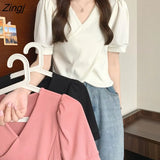 Sleeve Blouse Women V-neck Solid Summer Asymmetrical All-match Simple Basic Elegant Sweet Lady Tops Design Korean