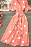 Polka Dot Midi Dress Summer 2023 Sexy V-neck Flare Sleeve Casual Vestidos Verano Elegant Blue/White Sashes Dresses
