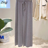 Thick Knitted Wide Leg Pants Women Solid Elastic High Waist Drawstring Trousers Female Autumn Korean Casual Loose