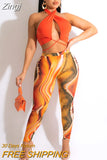 Fitness Outfits Sexy Print Halter Hollow Out Crop Top And Pants Two Piece Sets Summer Matching Club Suit Women