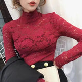 Zingj Color Lace Bottom Shirt Female Spring Versatile Half Turtleneck Small Shirt Jacket Hollow Out Sexy With Long Sleeve Bottom