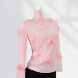Zingj French Lace Undershirt Female Rose With Long-Sleeved T-Shirt Three-Dimensional Flower Mesh Advanced Sense
