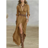 Women's Dress 2025 New French Retro V Collar Folds Loosely Open Temperament Long-Sleeved