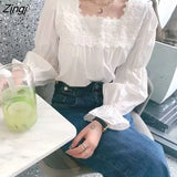 Women Square Collar Lace Lantern Sleeve Sweet Korean Style Vintage Elegant Cute Ladies Tops Streetwear Fashionable