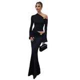 New Women's Fashion Personality Slanted Shoulder Metal Decorative Horn Sleeve Top High Waist Half Skirt